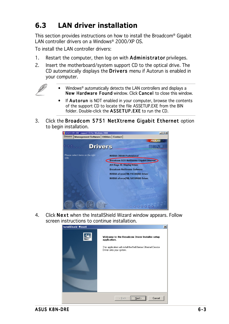 3 lan driver installation | Asus K8N-DRE User Manual | Page 133 / 142