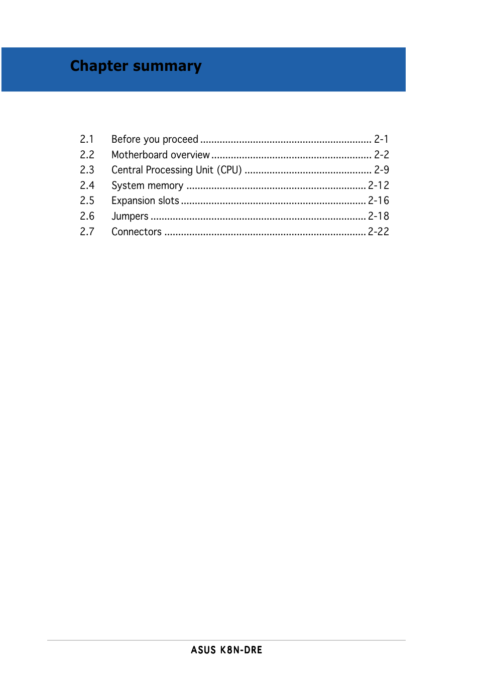 Chapter summary | Asus K8N-DRE User Manual | Page 20 / 142