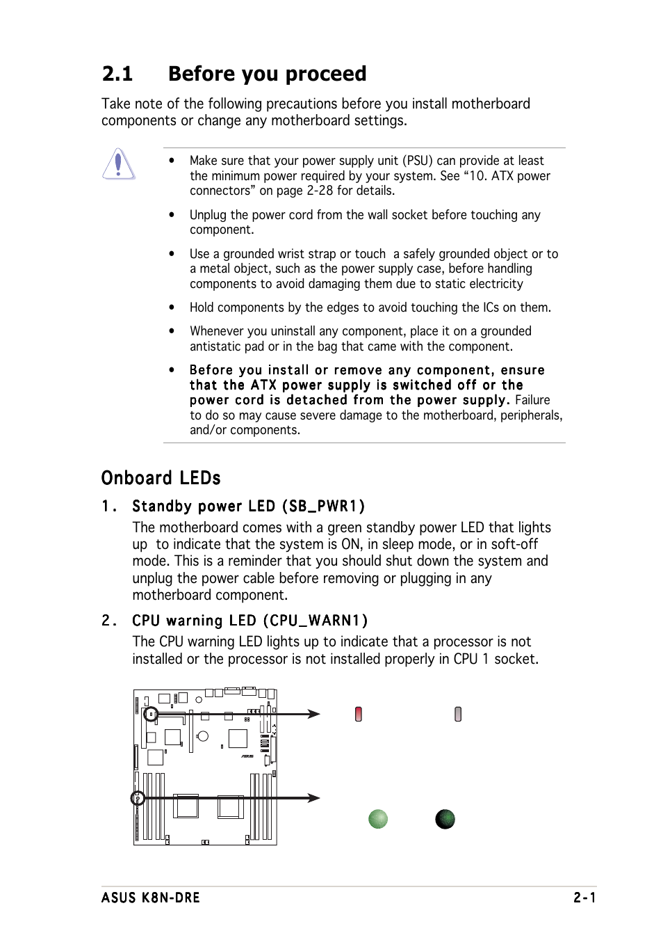 1 before you proceed, Onboard leds | Asus K8N-DRE User Manual | Page 21 / 142