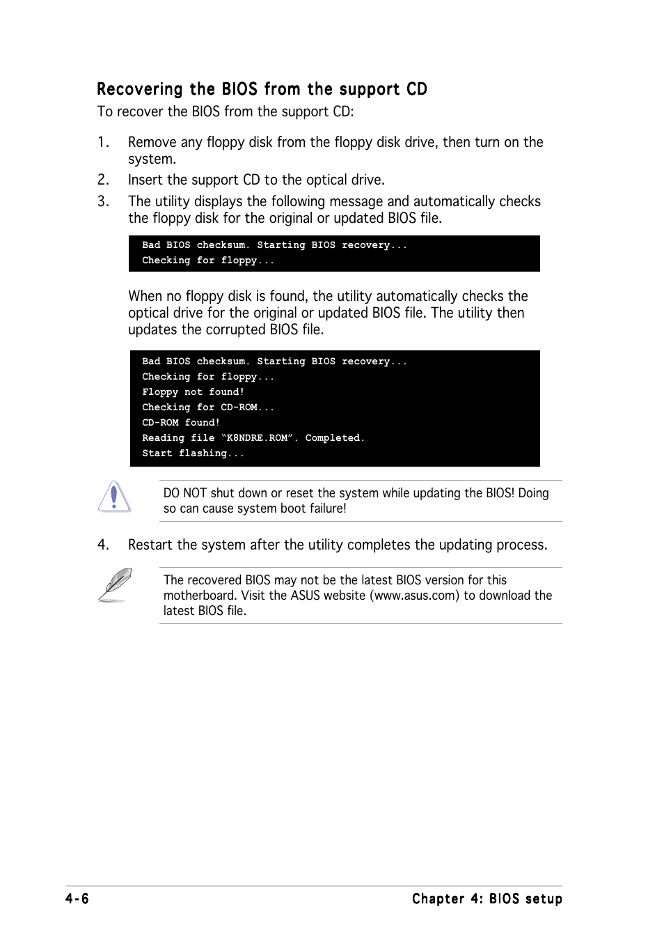 Recovering the bios from the support cd | Asus K8N-DRE User Manual | Page 64 / 142