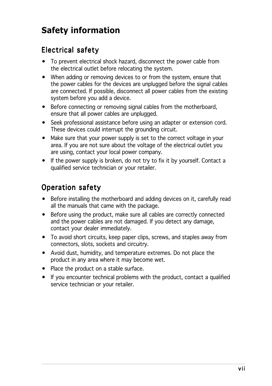 Safety information | Asus K8N-DRE User Manual | Page 7 / 142