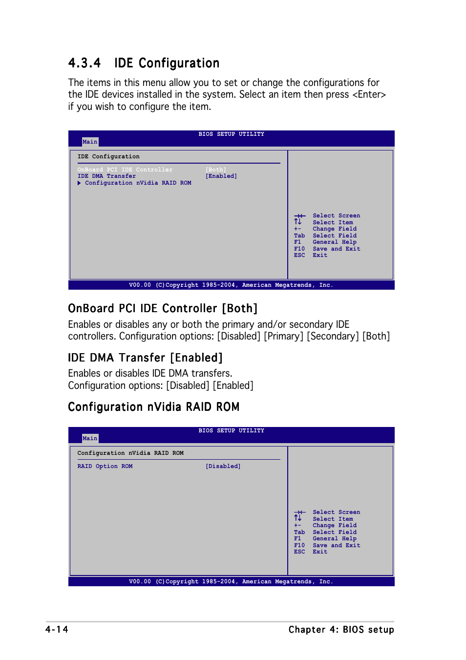 Onboard pci ide controller [both, Ide dma transfer [enabled, Configuration nvidia raid rom | Asus K8N-DRE User Manual | Page 72 / 142