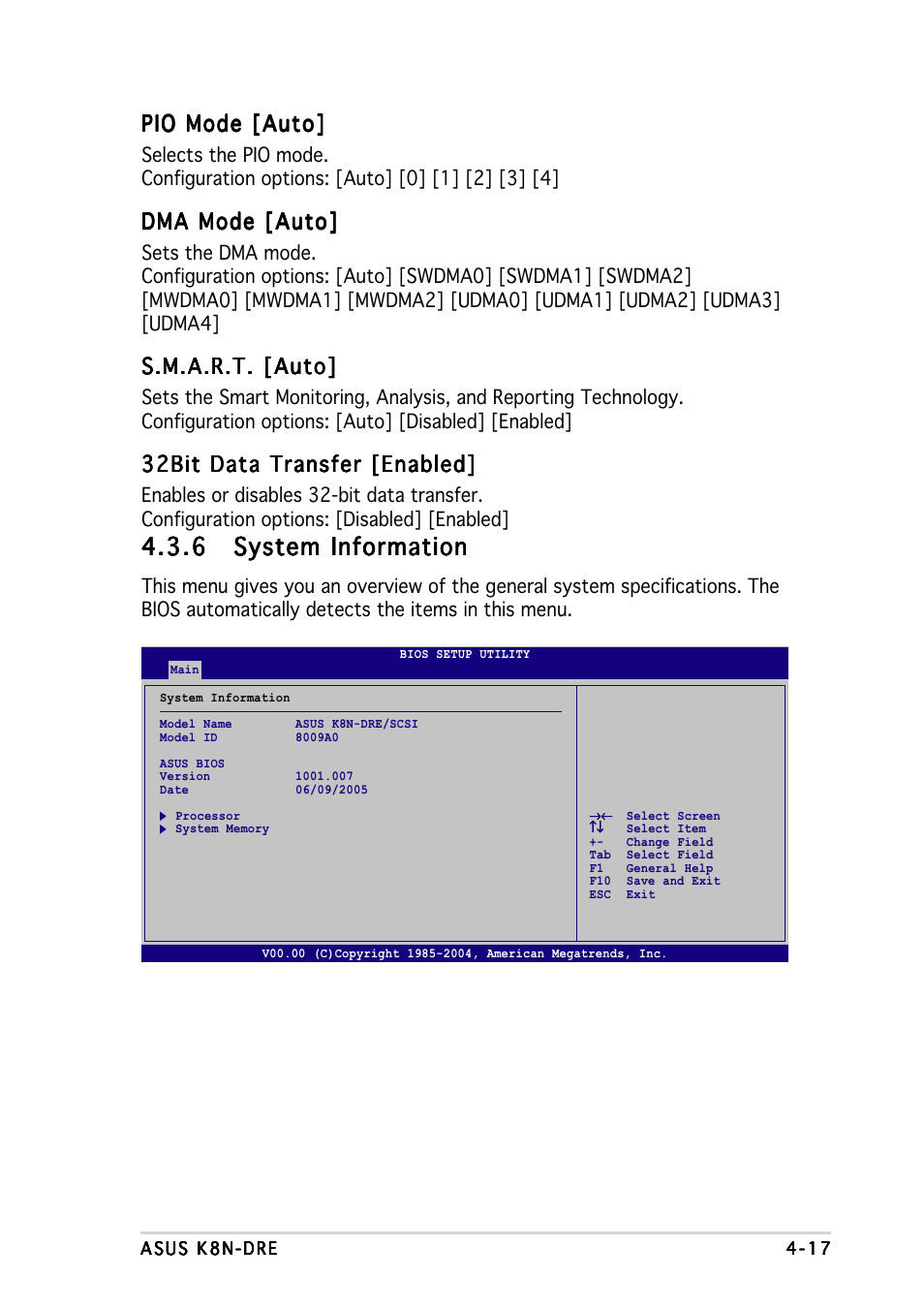 Pio mode [auto, Dma mode [auto, S.m.a.r.t. [auto | 32bit data transfer [enabled | Asus K8N-DRE User Manual | Page 75 / 142