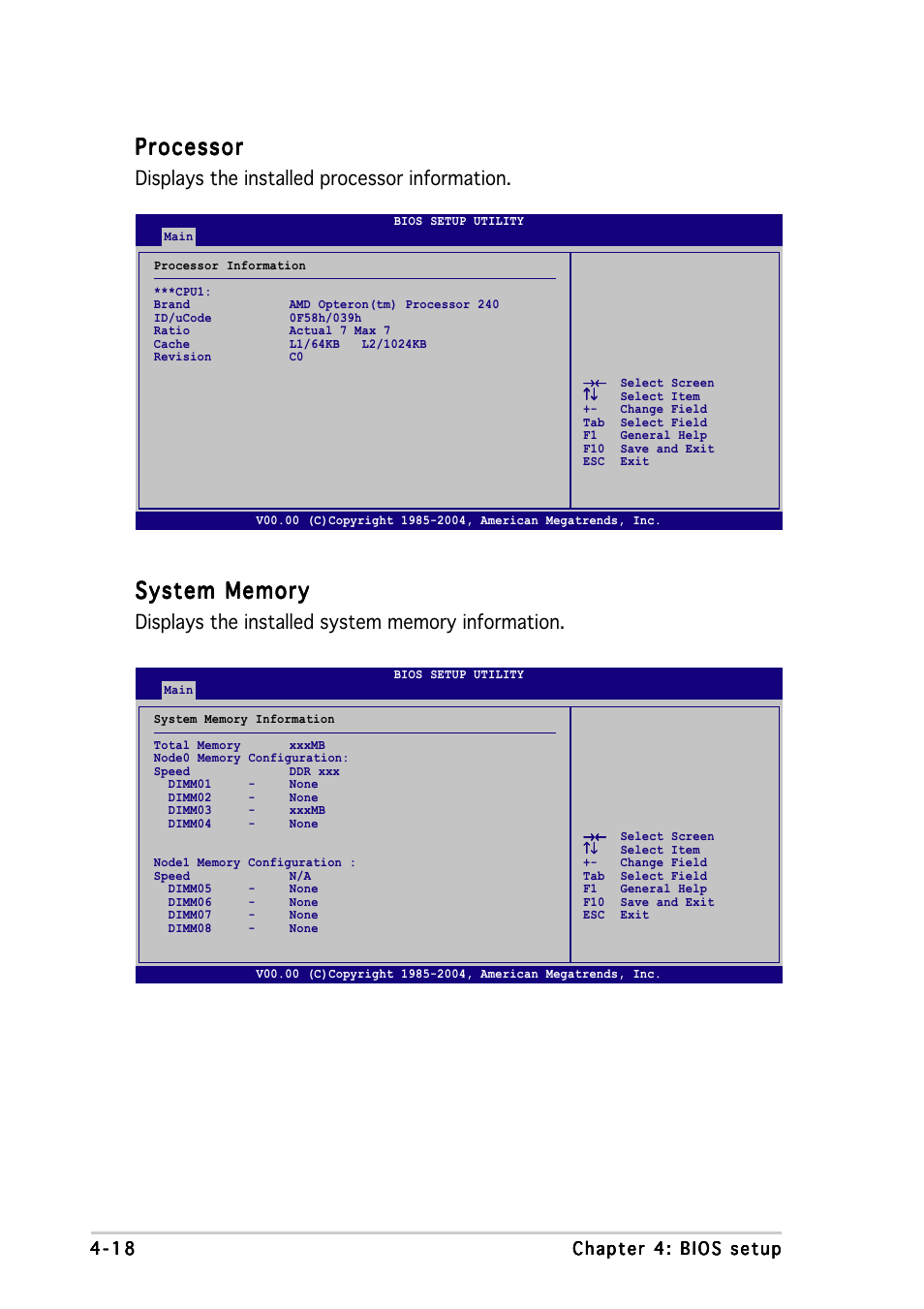 Processor, Displays the installed processor information | Asus K8N-DRE User Manual | Page 76 / 142