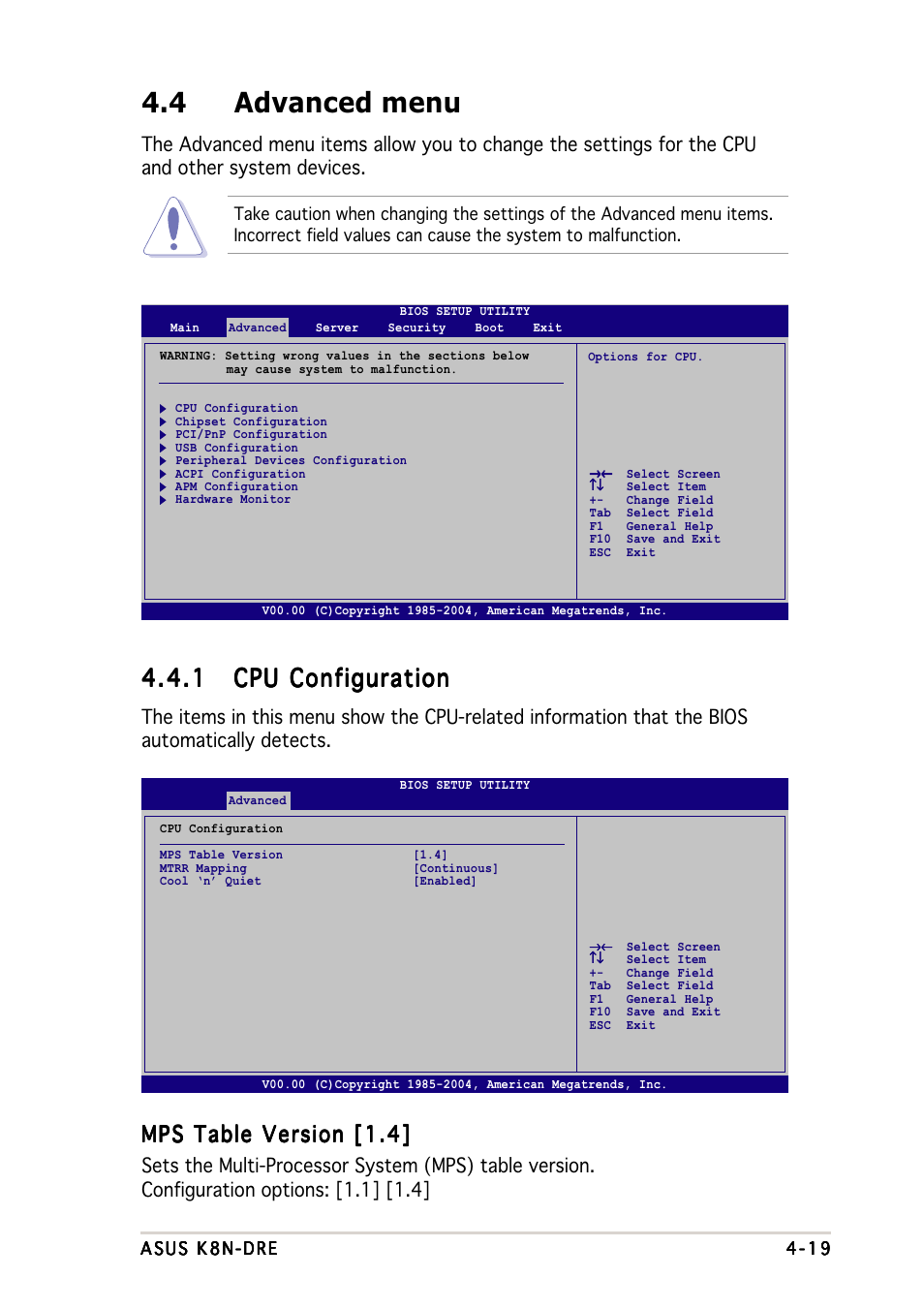 4 advanced menu, Mps table version [1.4 | Asus K8N-DRE User Manual | Page 77 / 142