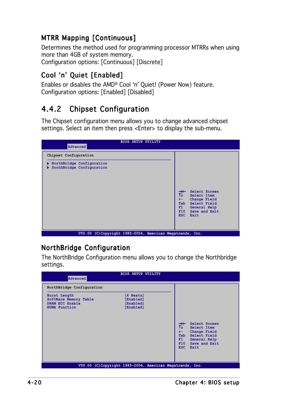 Mtrr mapping [continuous, Cool ‘n’ quiet [enabled, Northbridge configuration | Enables or disables the amd | Asus K8N-DRE User Manual | Page 78 / 142