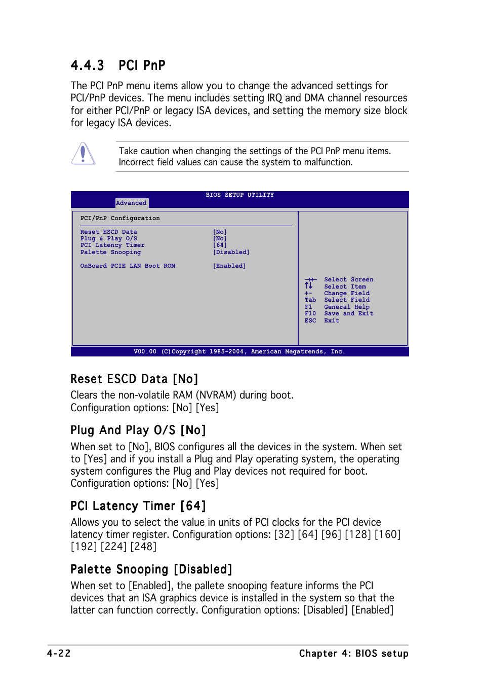 3 pci pnp pci pnp pci pnp pci pnp pci pnp, Reset escd data [no, Plug and play o/s [no | Pci latency timer [64, Palette snooping [disabled | Asus K8N-DRE User Manual | Page 80 / 142