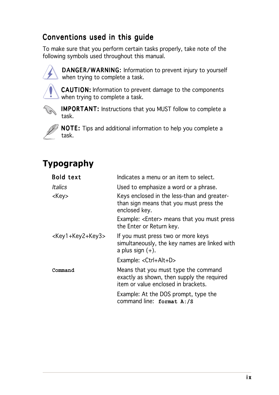 Typography, Conventions used in this guide | Asus K8N-DRE User Manual | Page 9 / 142