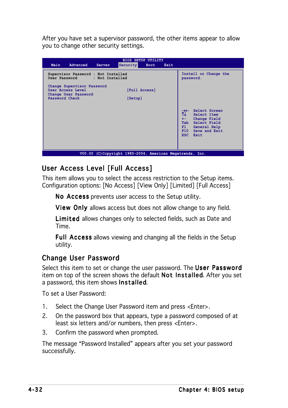 User access level [full access, Change user password | Asus K8N-DRE User Manual | Page 90 / 142