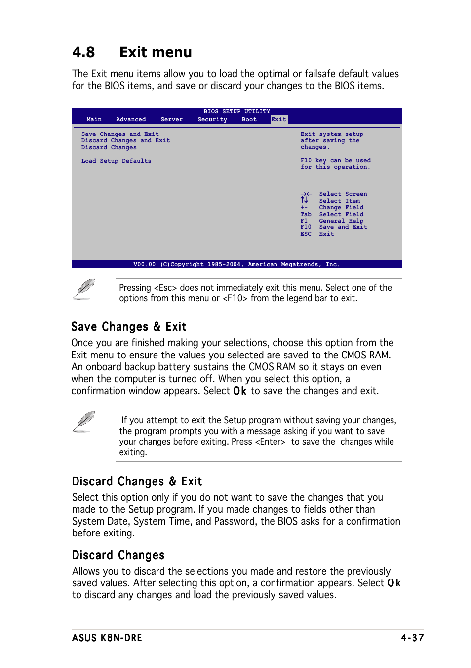 8 exit menu, Discard changes & exit, Discard changes | Save changes & exit | Asus K8N-DRE User Manual | Page 95 / 142