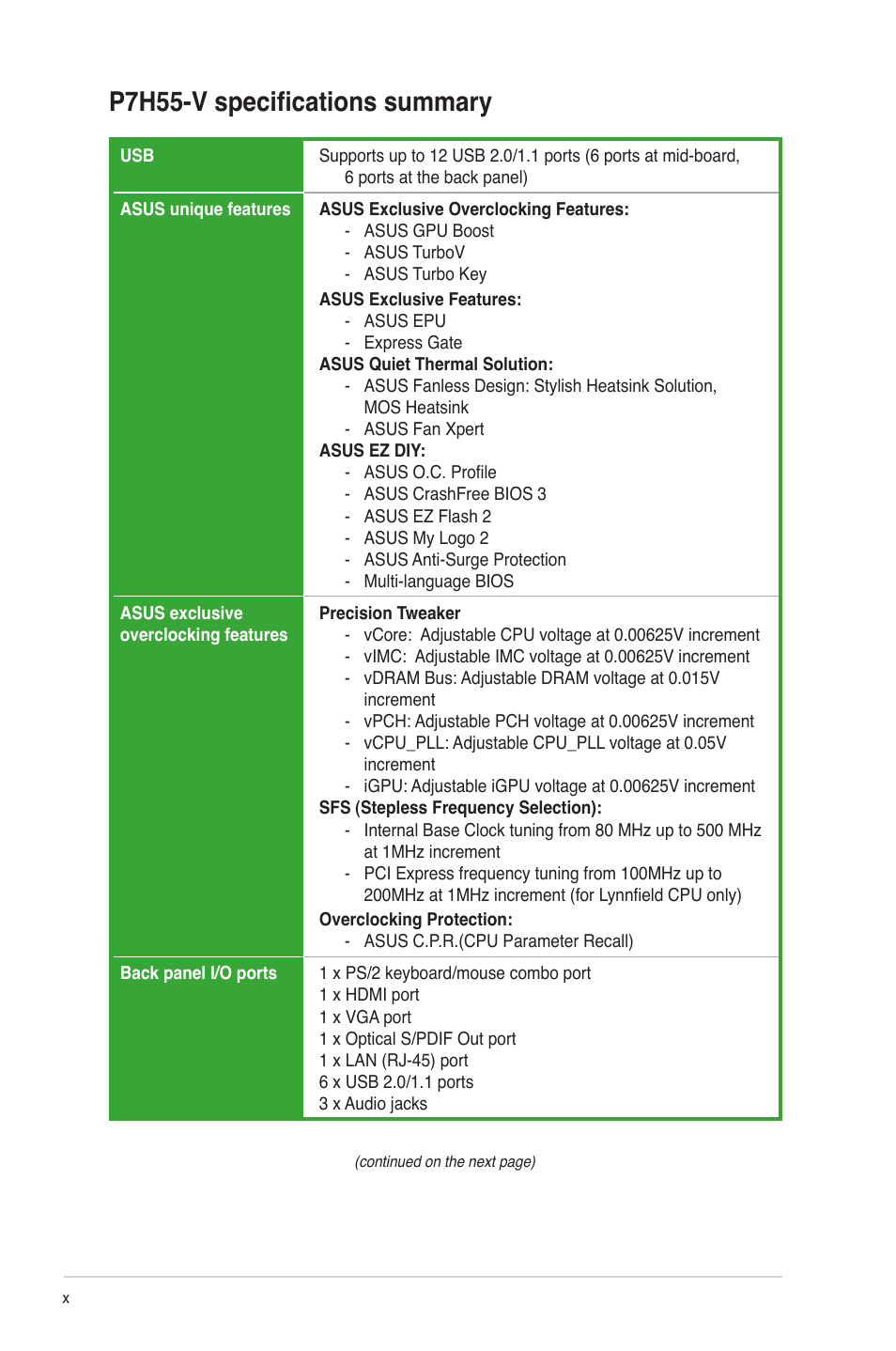 P7h55-v specifications summary | Asus P7H55-V User Manual | Page 10 / 66