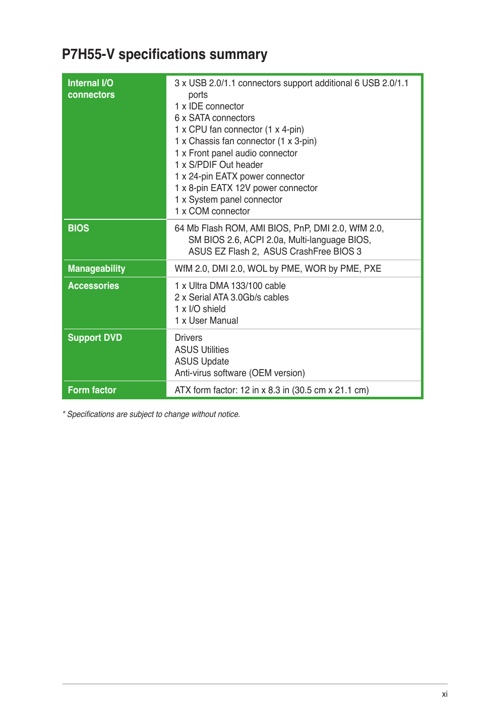 P7h55-v specifications summary | Asus P7H55-V User Manual | Page 11 / 66
