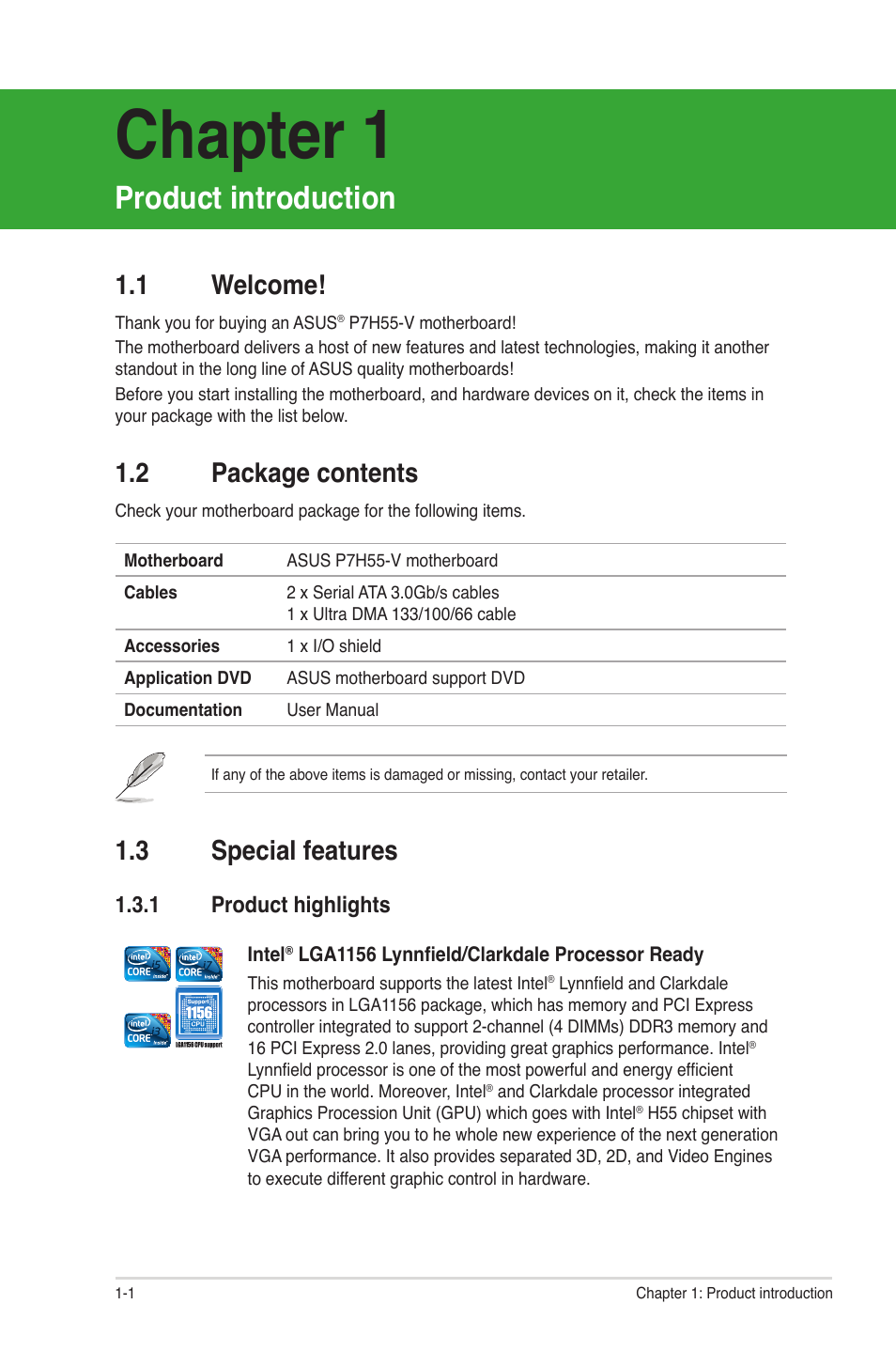Product introduction, 1 welcome, 2 package contents | 3 special features, 1 product highlights, Chapter 1, Welcome! -1, Package contents -1, Special features -1 1.3.1, Product highlights -1 | Asus P7H55-V User Manual | Page 12 / 66