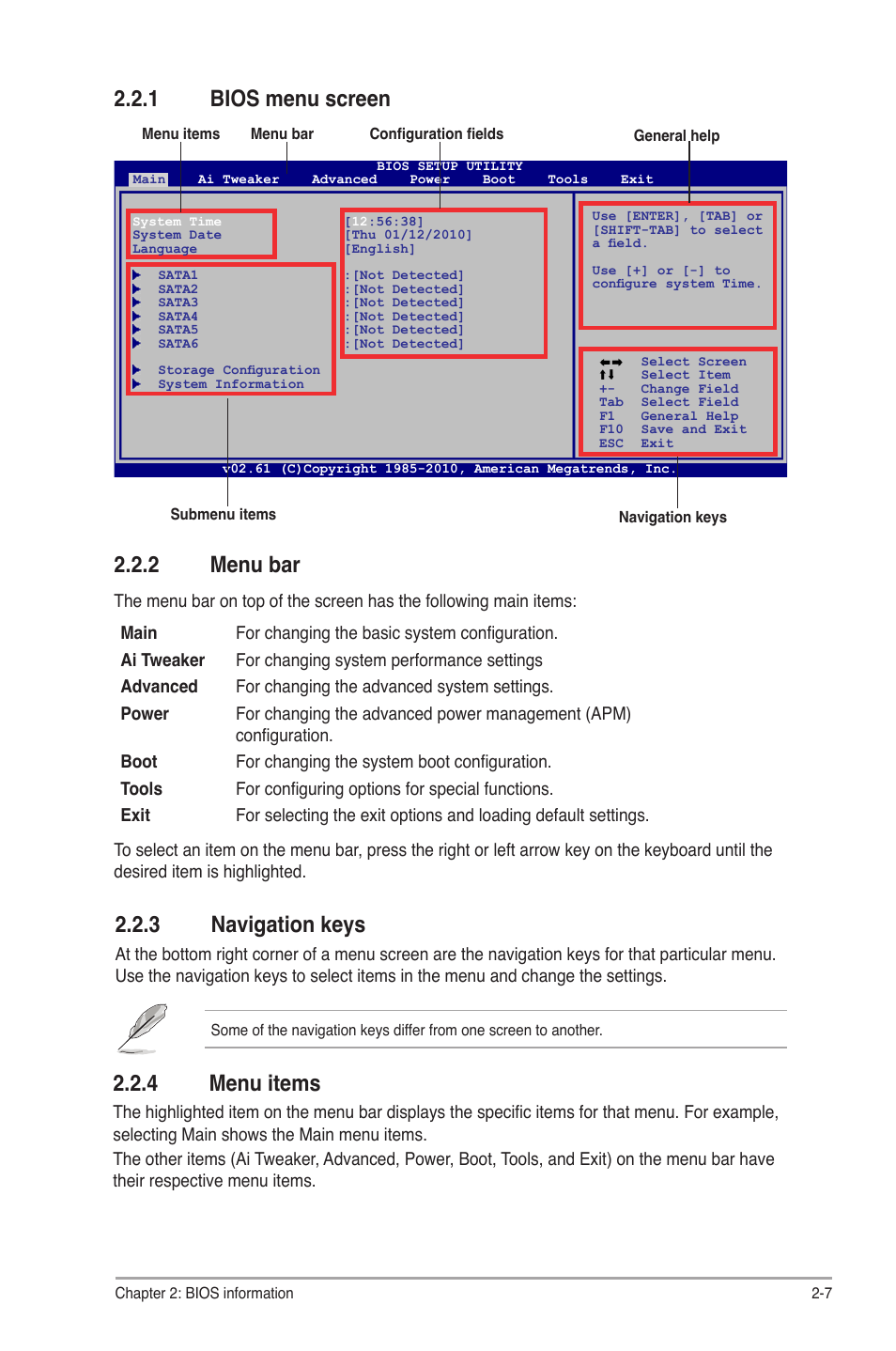 1 bios menu screen, 3 navigation keys, 4 menu items | 2 menu bar, Bios menu screen -7, Navigation keys -7, Menu items -7, Menu bar -7 | Asus P7H55-V User Manual | Page 43 / 66