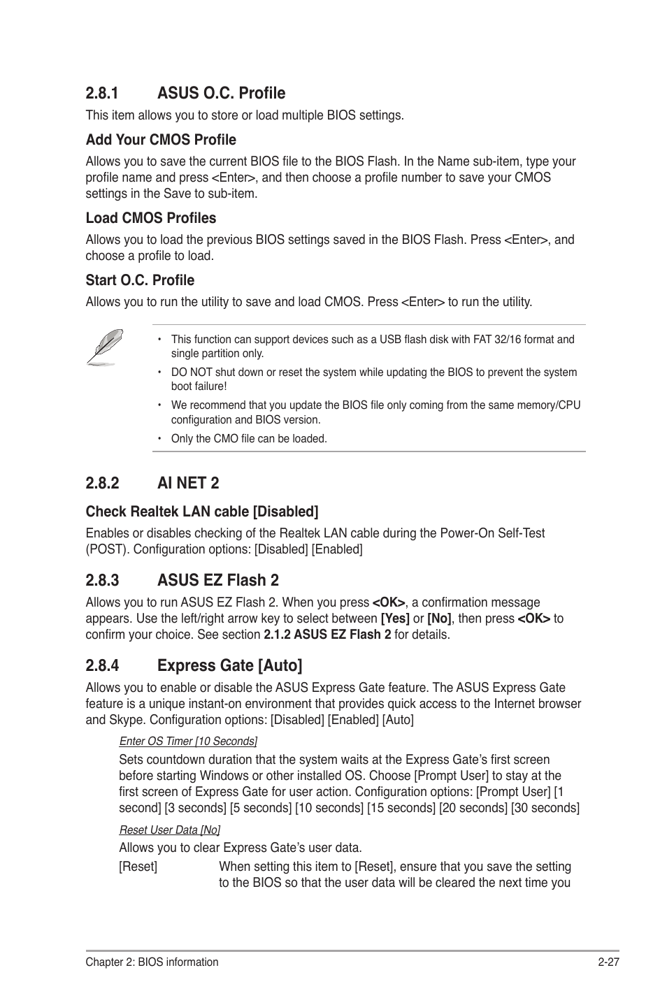1 asus o.c. profile, 2 ai net 2, 3 asus ez flash 2 | 4 express gate [auto, Asus o.c. profile -27, Ai net 2 -27, Asus ez flash 2 -27, Express gate -27 | Asus P7H55-V User Manual | Page 63 / 66