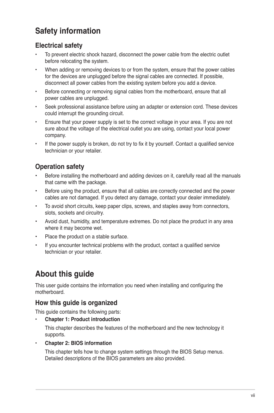 Safety information, About this guide, Electrical safety | Operation safety, How this guide is organized | Asus P7H55-V User Manual | Page 7 / 66