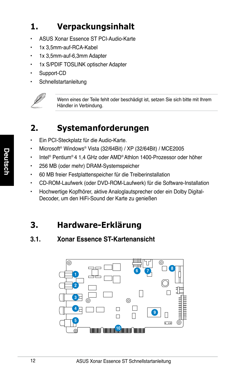 Verpackungsinhalt, Hardware-erklärung, Systemanforderungen | Deutsch, Xonar essence st-kartenansicht | Asus Xonar Essence ST User Manual | Page 12 / 35