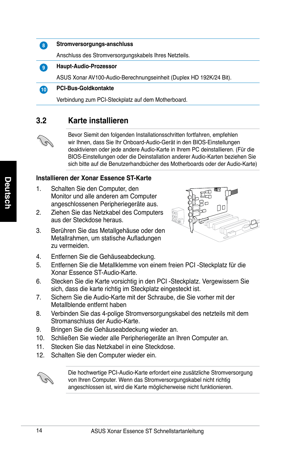 Deutsch 3.2 karte installieren | Asus Xonar Essence ST User Manual | Page 14 / 35