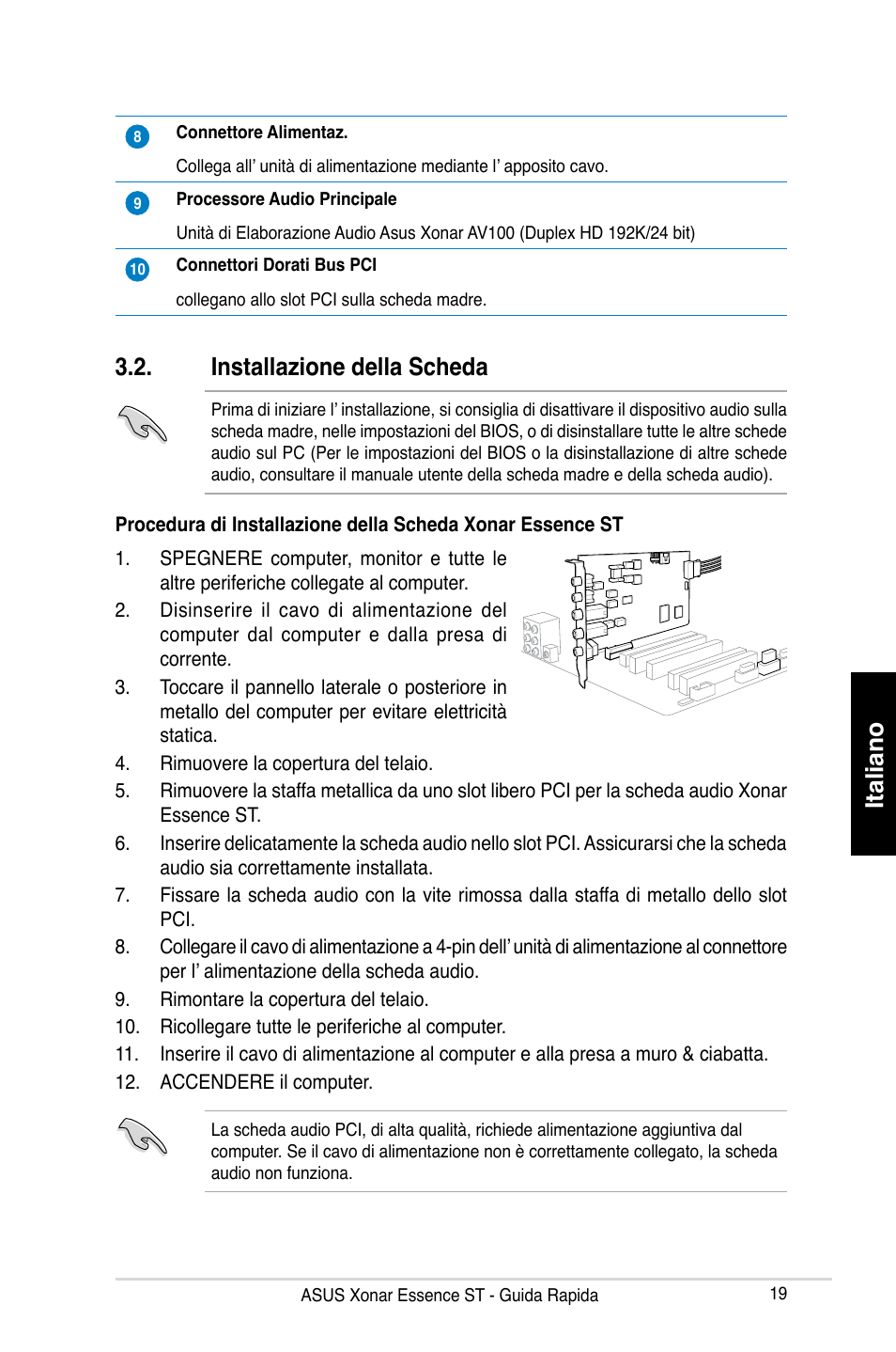 Italiano, Installazione della scheda | Asus Xonar Essence ST User Manual | Page 19 / 35