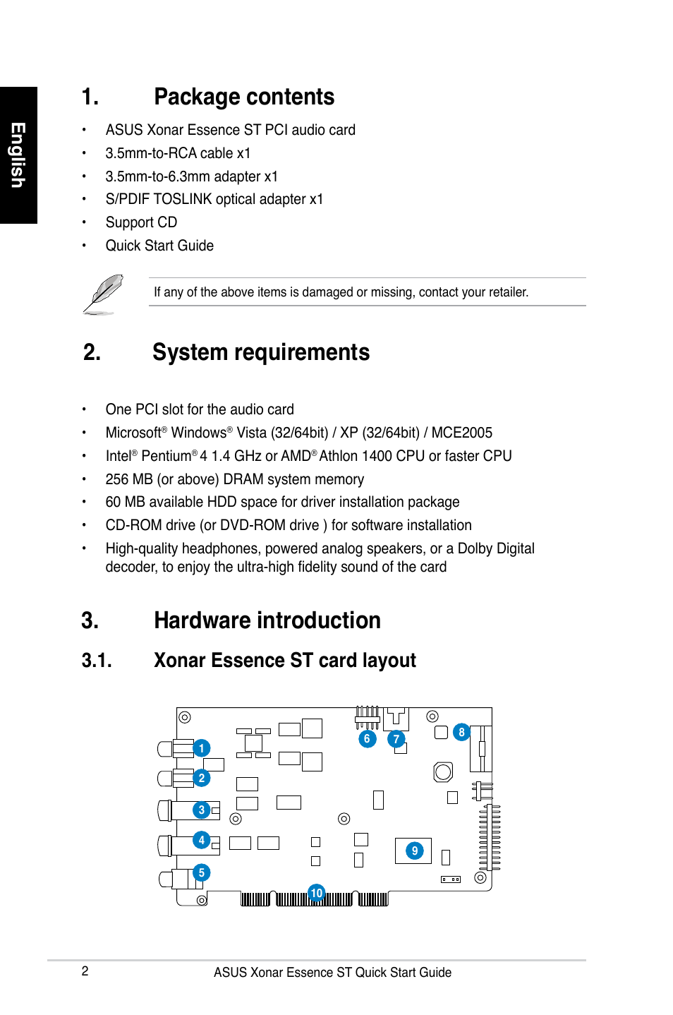 Package contents, Hardware introduction, System requirements | Xonar essence st card layout, English | Asus Xonar Essence ST User Manual | Page 2 / 35