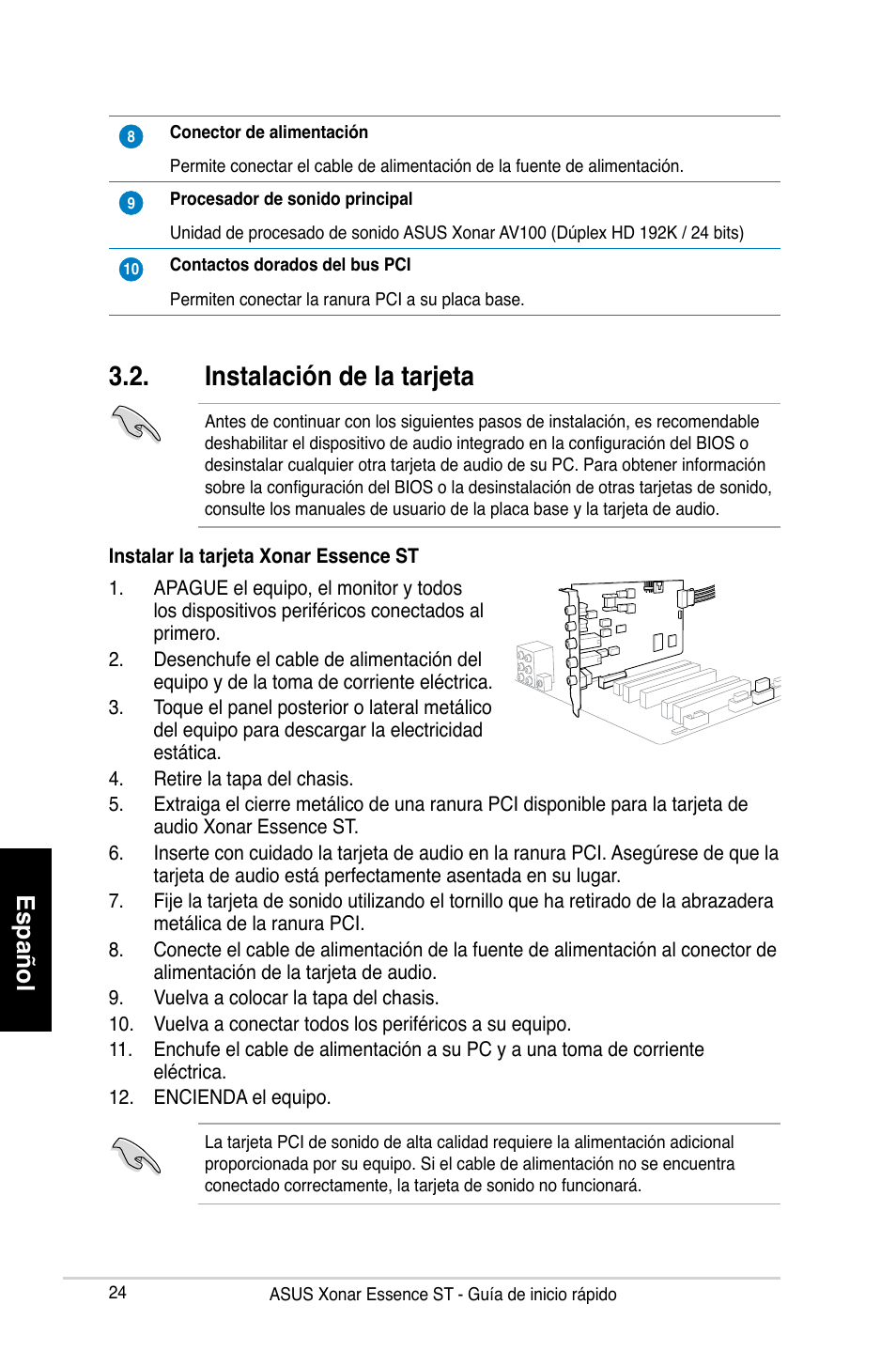 Instalación de la tarjeta, Español | Asus Xonar Essence ST User Manual | Page 24 / 35