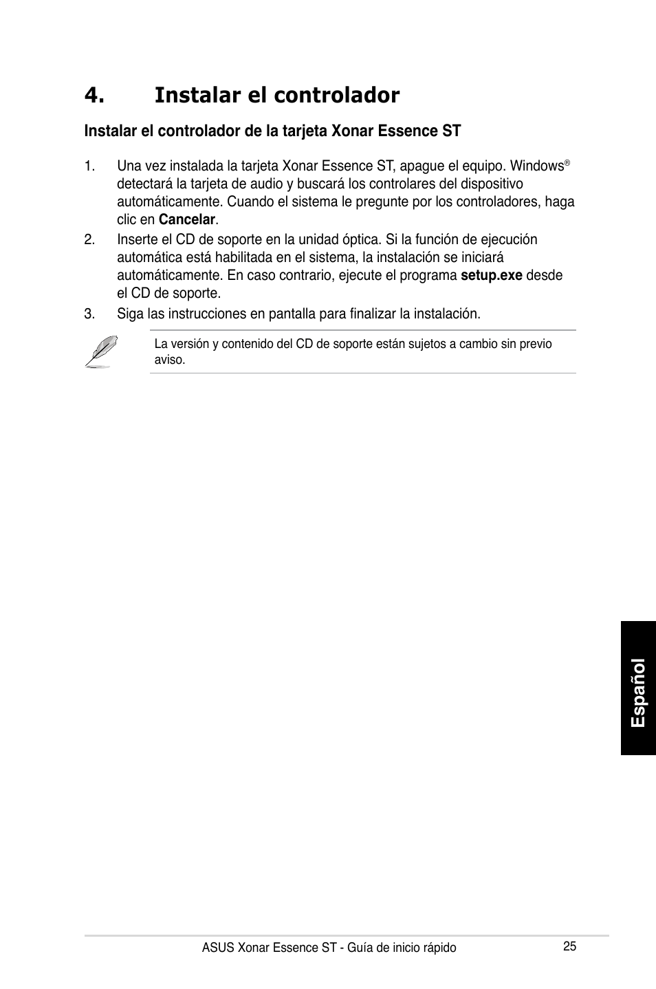 Instalar el controlador, Español | Asus Xonar Essence ST User Manual | Page 25 / 35