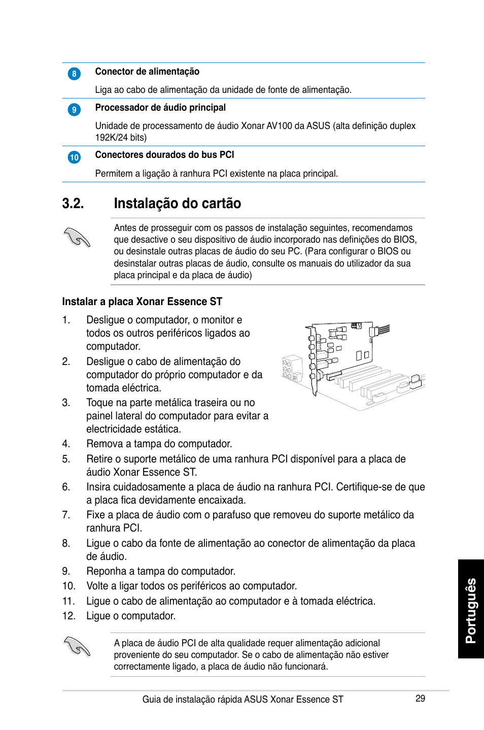 Instalação do cartão, Português | Asus Xonar Essence ST User Manual | Page 29 / 35