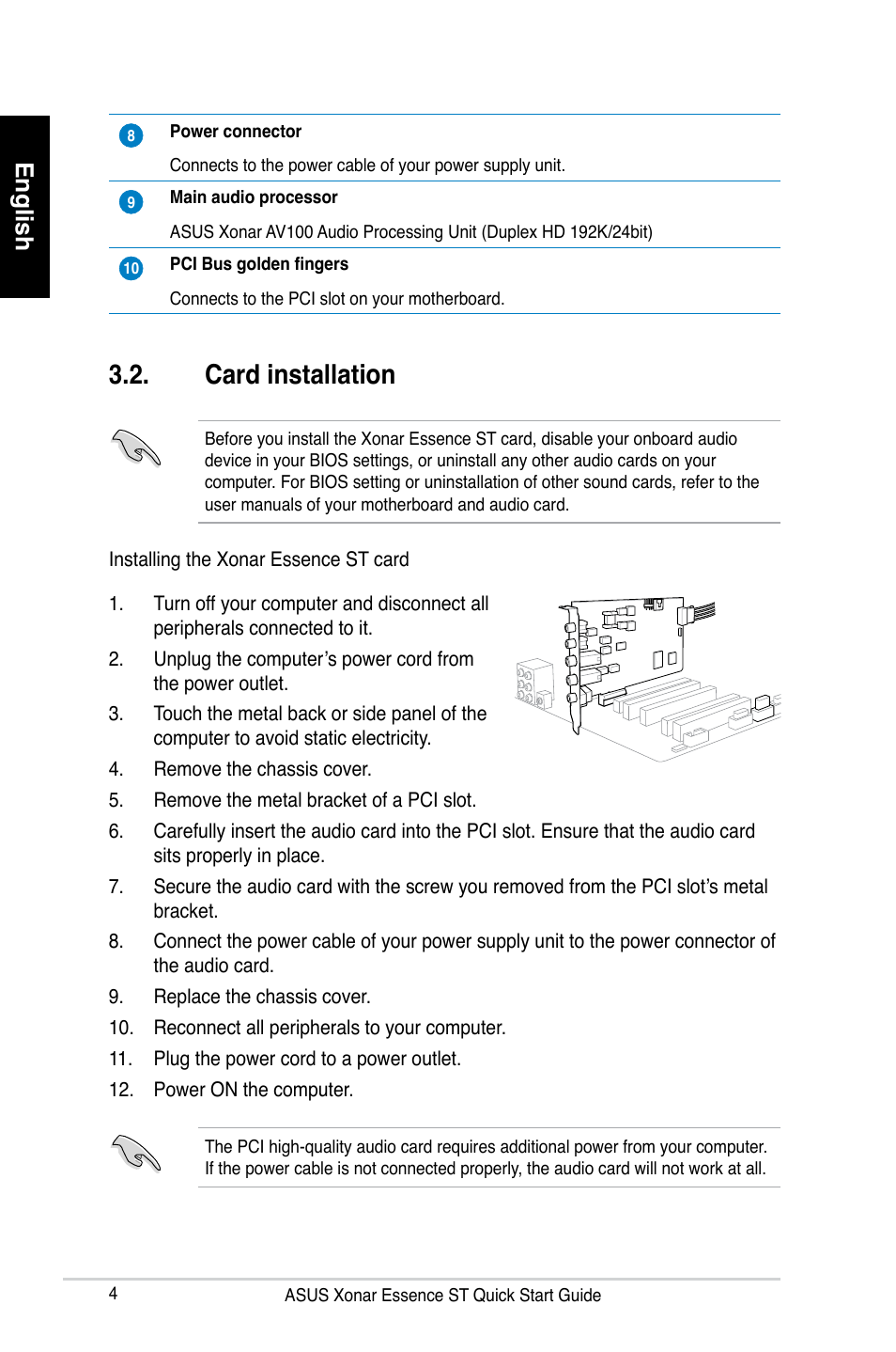 Card installation, English | Asus Xonar Essence ST User Manual | Page 4 / 35