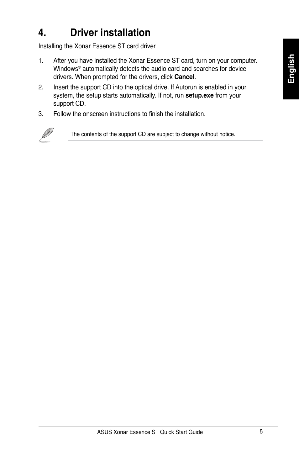 Driver installation, English | Asus Xonar Essence ST User Manual | Page 5 / 35