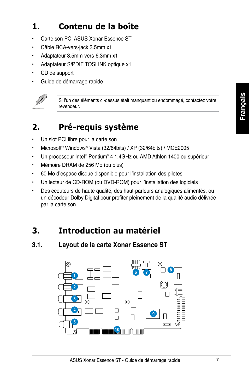 Contenu de la boîte, Introduction au matériel, Pré-requis système | Français, Layout de la carte xonar essence st | Asus Xonar Essence ST User Manual | Page 7 / 35