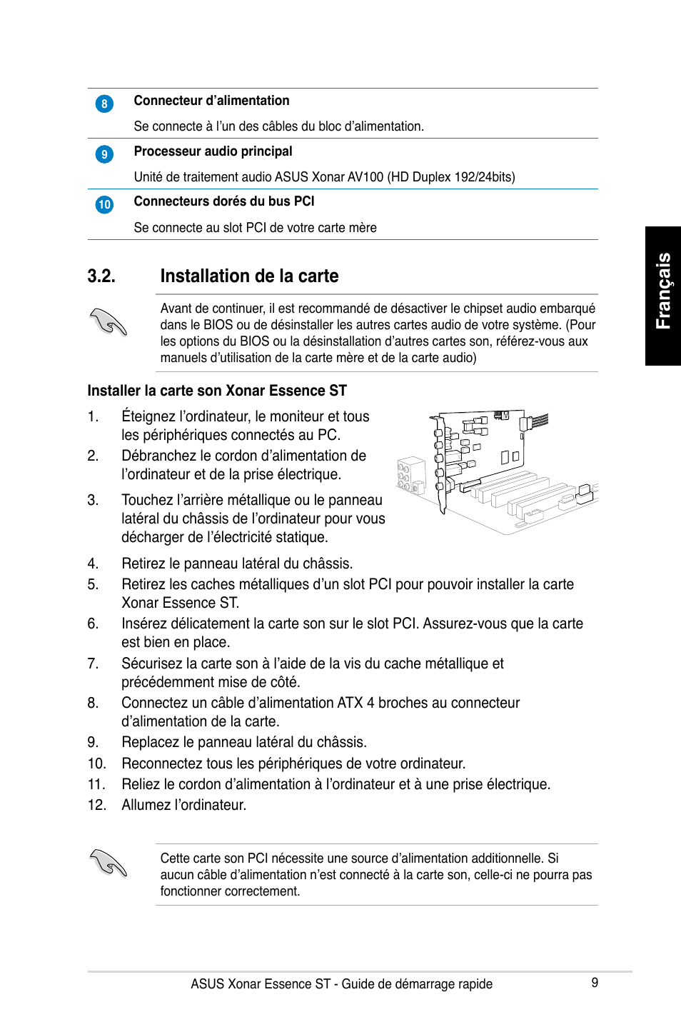 Français 3.2. installation de la carte | Asus Xonar Essence ST User Manual | Page 9 / 35