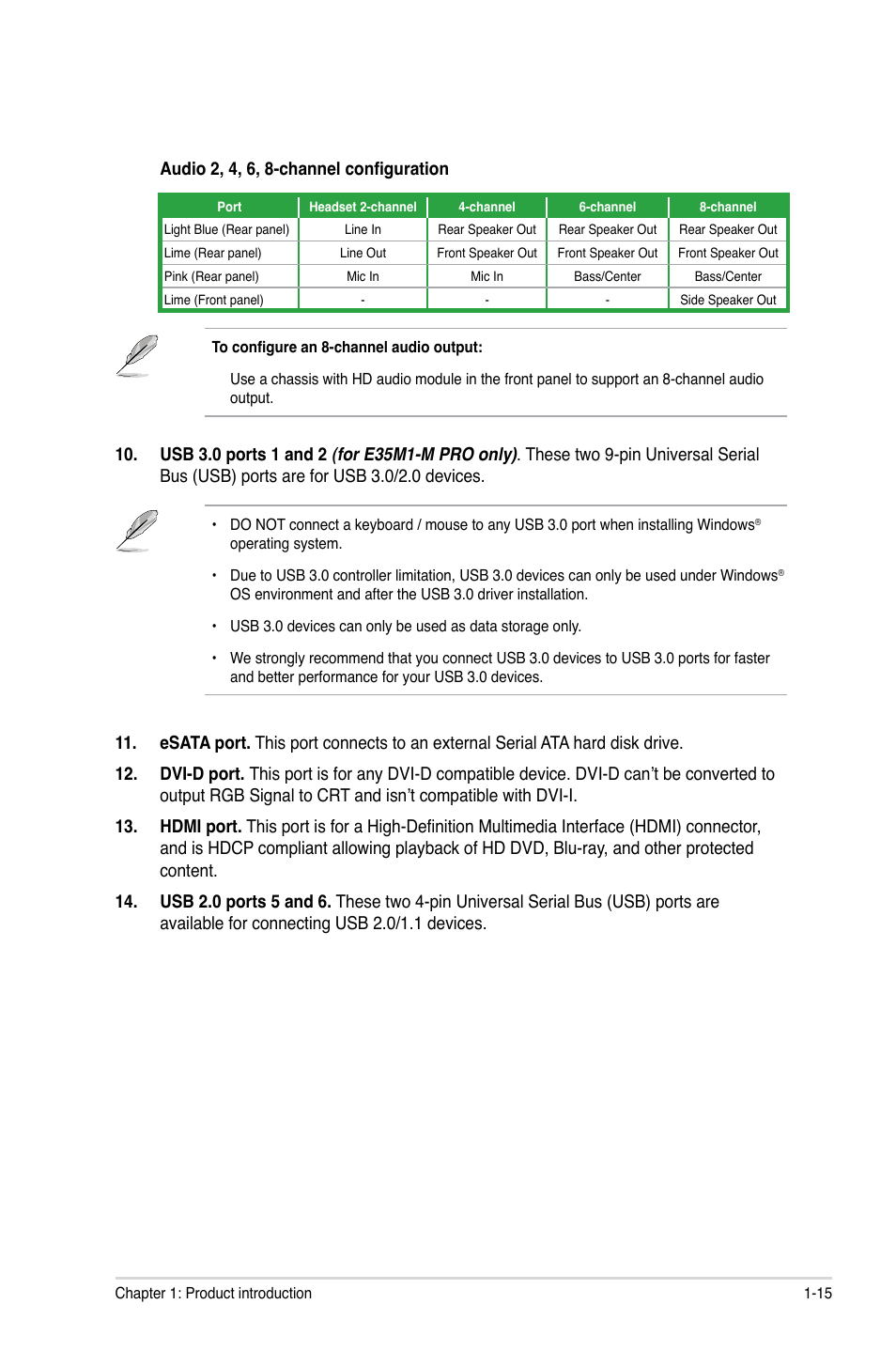 Audio 2, 4, 6, 8-channel configuration | Asus E35M1-M PRO User Manual | Page 25 / 64