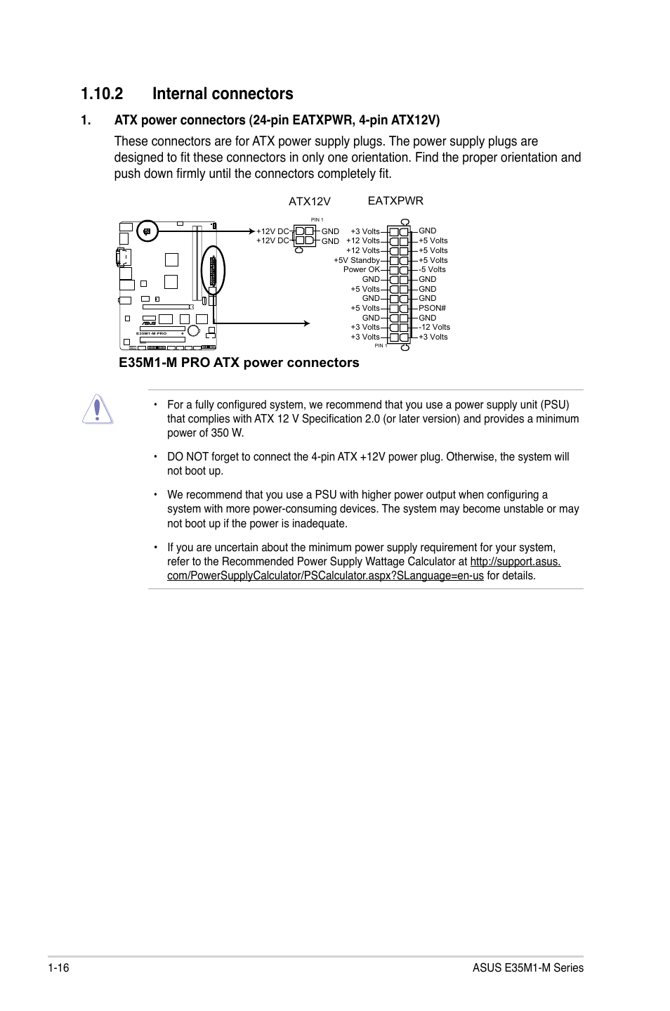 2 internal connectors, 2 internal connectors -16, E35m1-m pro atx power connectors | Asus E35M1-M PRO User Manual | Page 26 / 64