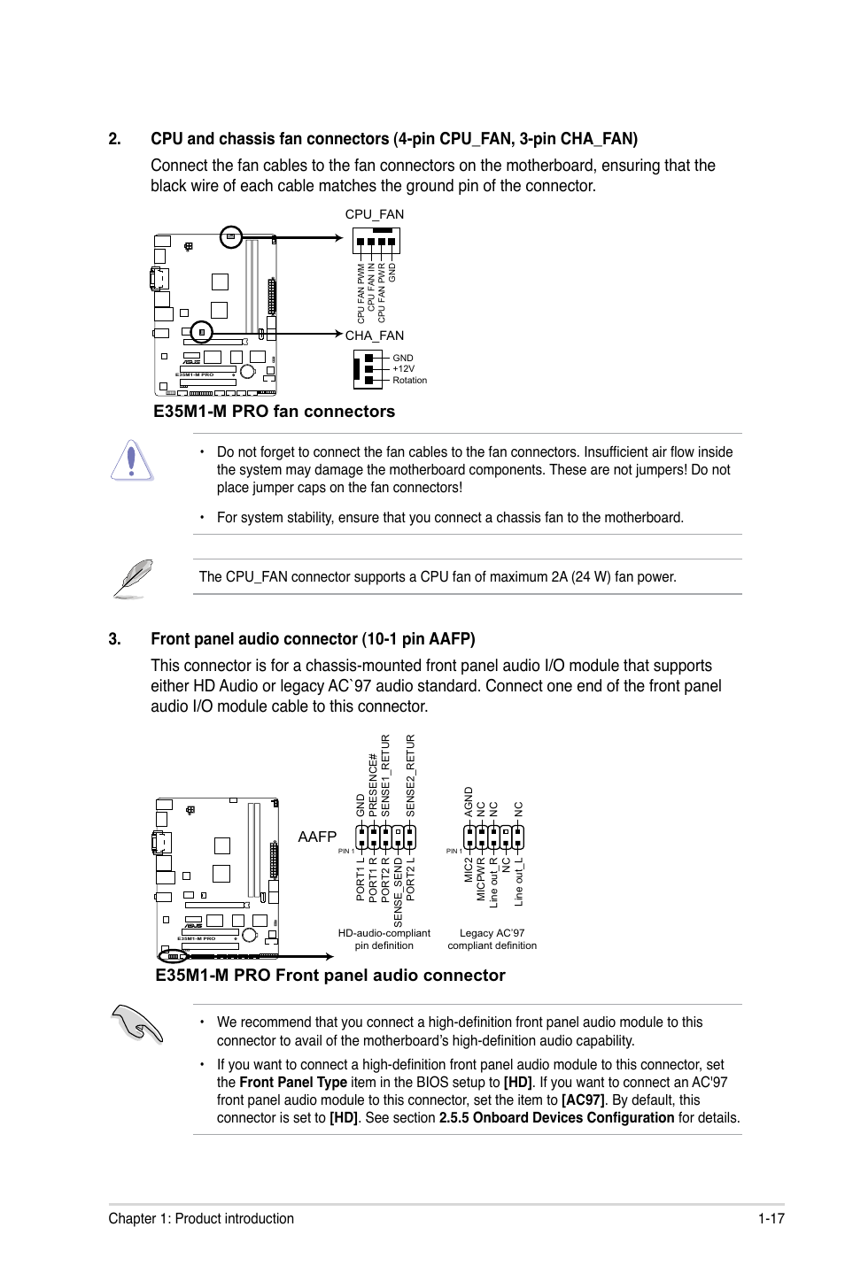E35m1-m pro fan connectors, E35m1-m pro front panel audio connector, Aafp | Asus E35M1-M PRO User Manual | Page 27 / 64