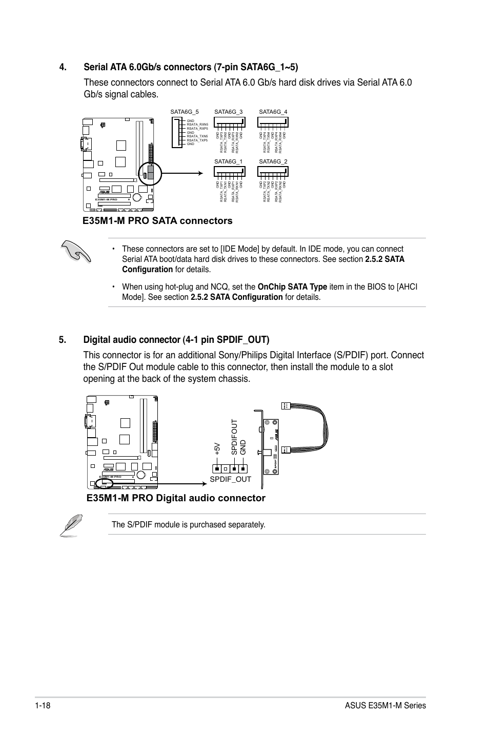 E35m1-m pro sata connectors, The s/pdif module is purchased separately, Spdif_out | 5 v spdifou t gnd | Asus E35M1-M PRO User Manual | Page 28 / 64