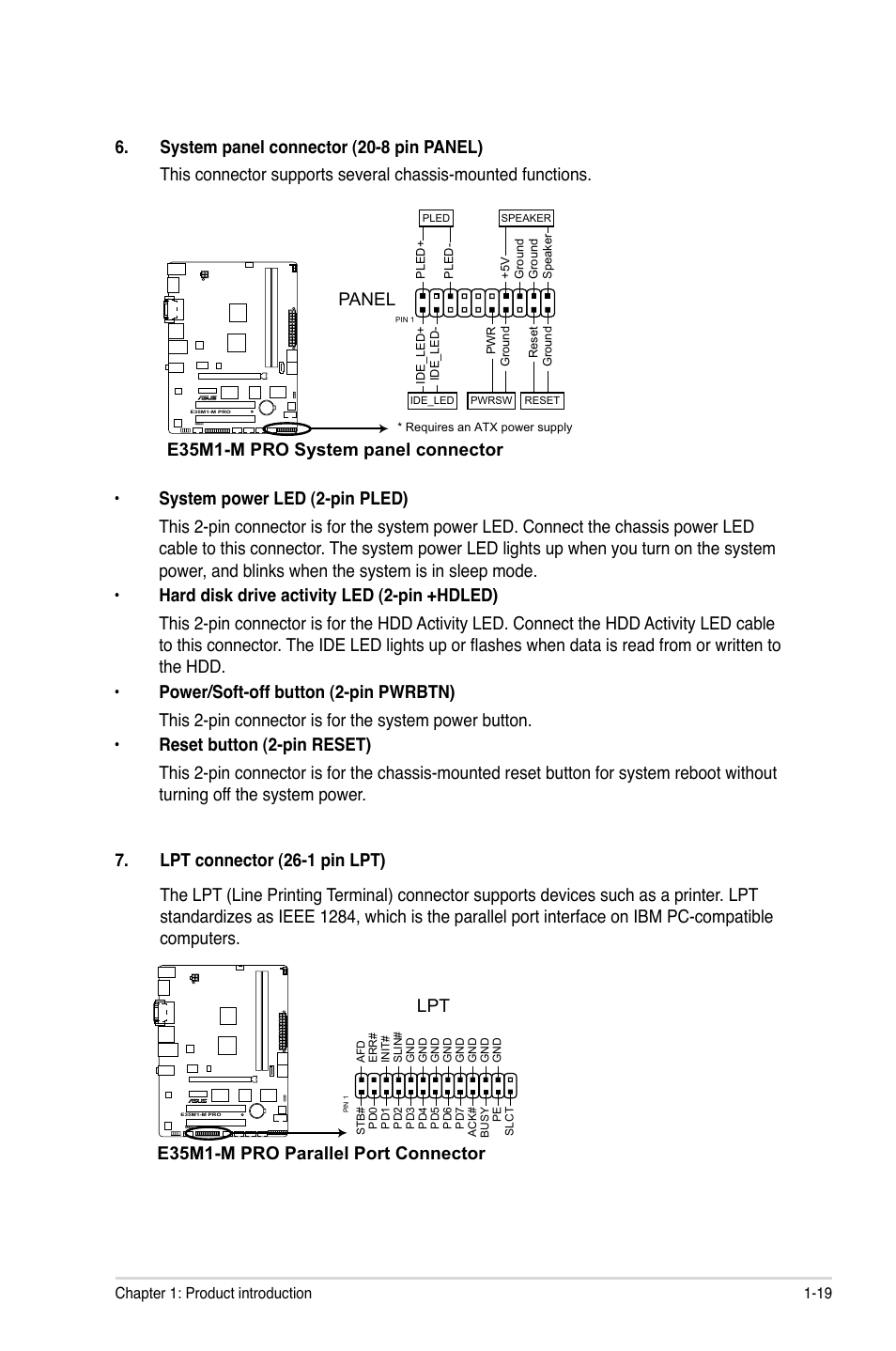 E35m1-m pro system panel connector, Panel, E35m1-m pro parallel port connector lpt | Asus E35M1-M PRO User Manual | Page 29 / 64