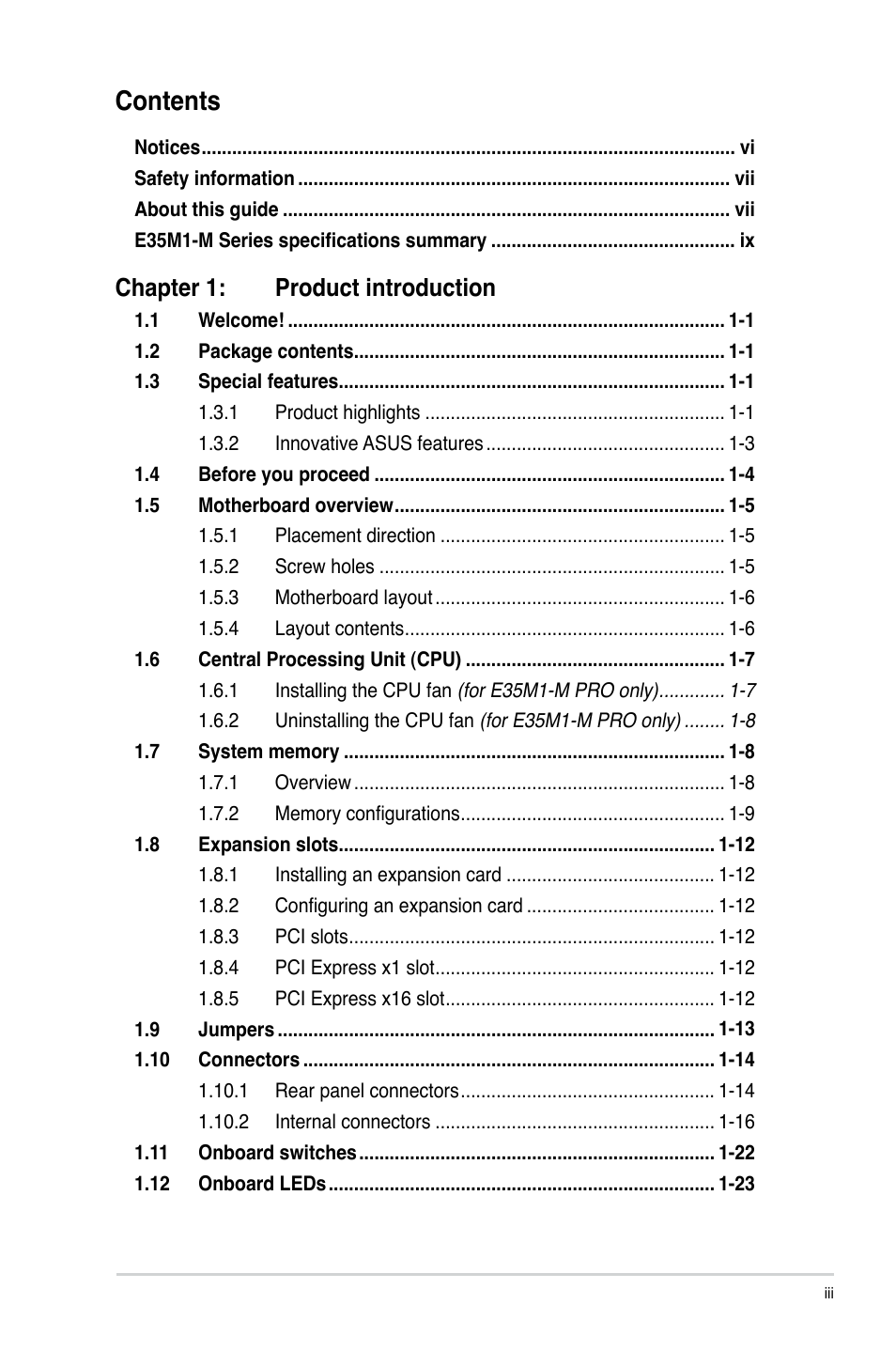 Asus E35M1-M PRO User Manual | Page 3 / 64