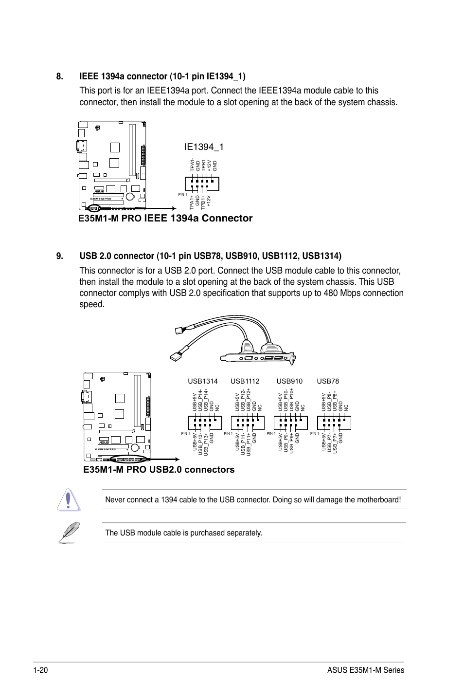 Ieee 1394a connector, E35m1-m pro | Asus E35M1-M PRO User Manual | Page 30 / 64