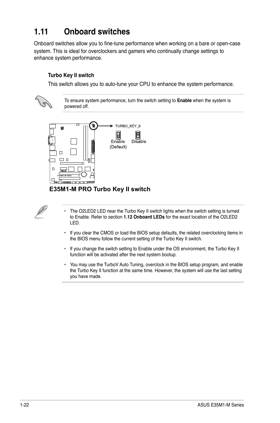 11 onboard switches, 11 onboard switches -22, E35m1-m pro turbo key ii switch | Asus E35M1-M PRO User Manual | Page 32 / 64
