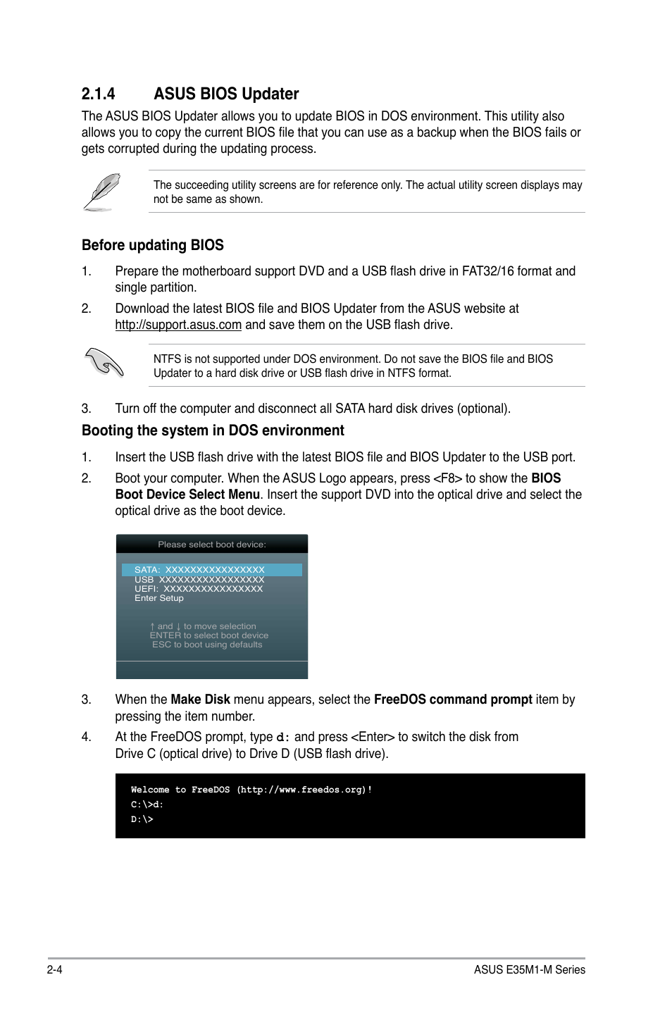 4 asus bios updater, Asus bios updater -4, Before updating bios | Booting the system in dos environment | Asus E35M1-M PRO User Manual | Page 38 / 64