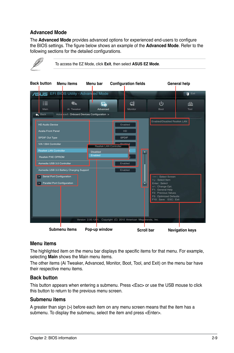 Advanced mode, Menu items, Back button | Submenu items, Chapter 2: bios information 2-9, Navigation keys | Asus E35M1-M PRO User Manual | Page 43 / 64