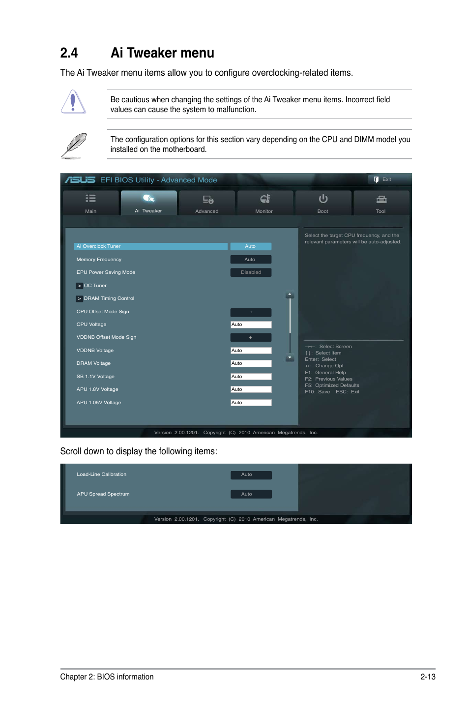 4 ai tweaker menu, Ai tweaker menu -13, Scroll down to display the following items | Chapter 2: bios information 2-13, Efi bios utility - advanced mode | Asus E35M1-M PRO User Manual | Page 47 / 64