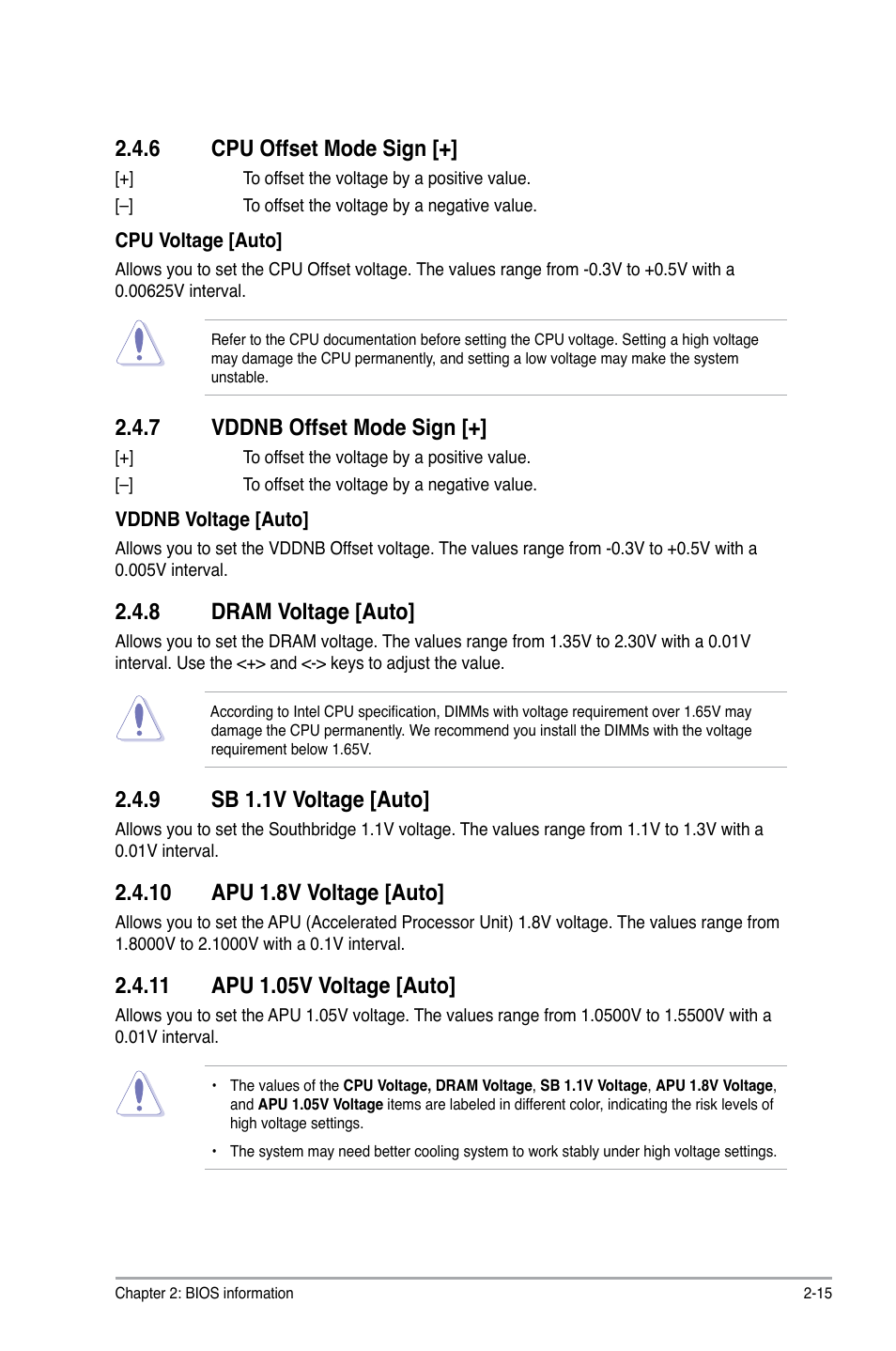 6 cpu offset mode sign, 7 vddnb offset mode sign, 8 dram voltage [auto | 9 sb 1.1v voltage [auto, 10 apu 1.8v voltage [auto, 11 apu 1.05v voltage [auto, Cpu offset mode sign -15, Vddnb offset mode sign -15, Dram voltage -15, Sb 1.1v voltage -15 | Asus E35M1-M PRO User Manual | Page 49 / 64