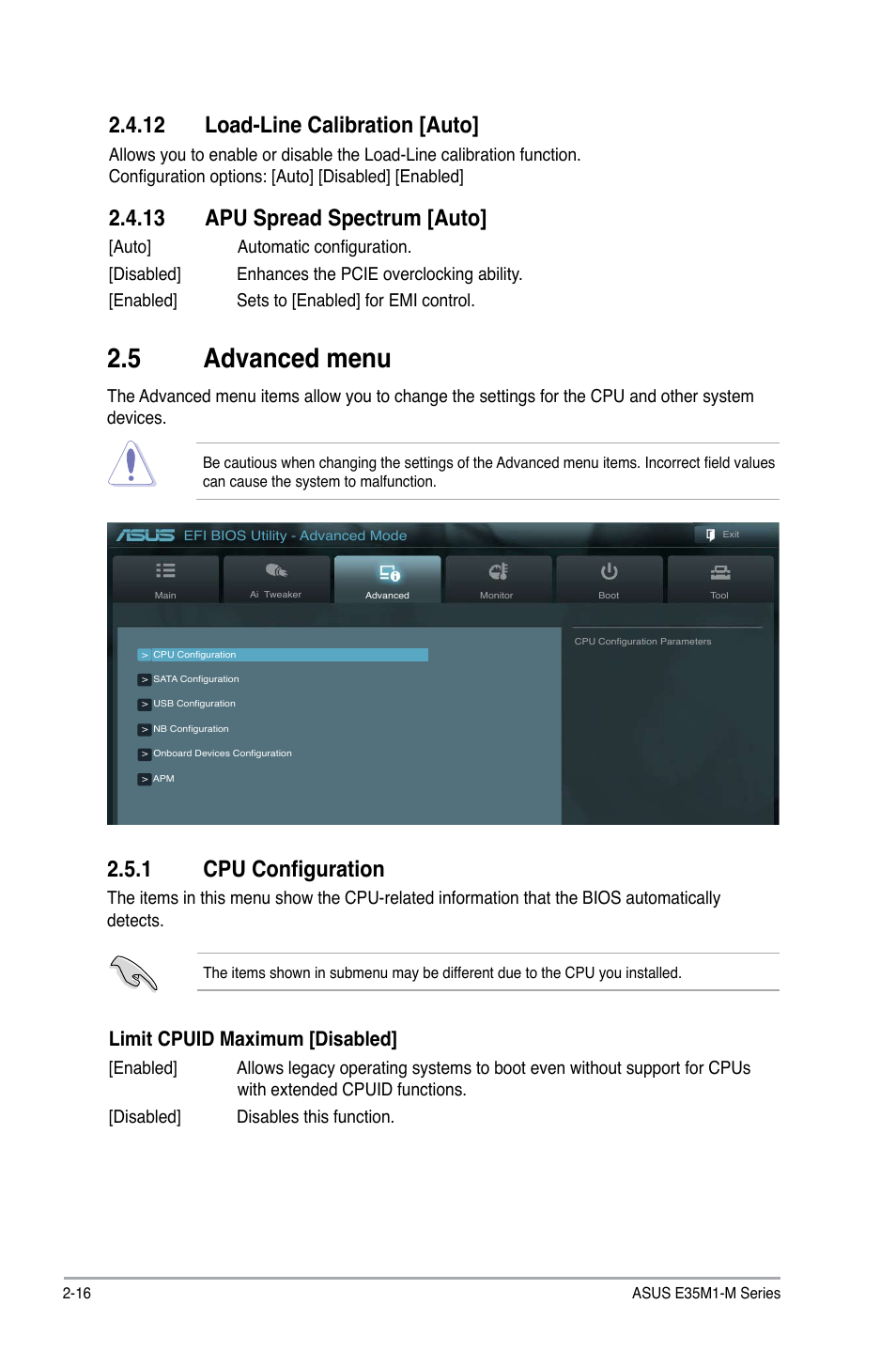 12 load-line calibration [auto, 13 apu spread spectrum [auto, 5 advanced menu | 1 cpu configuration, Advanced menu -16 2.5.1, Cpu configuration -16, Limit cpuid maximum [disabled | Asus E35M1-M PRO User Manual | Page 50 / 64