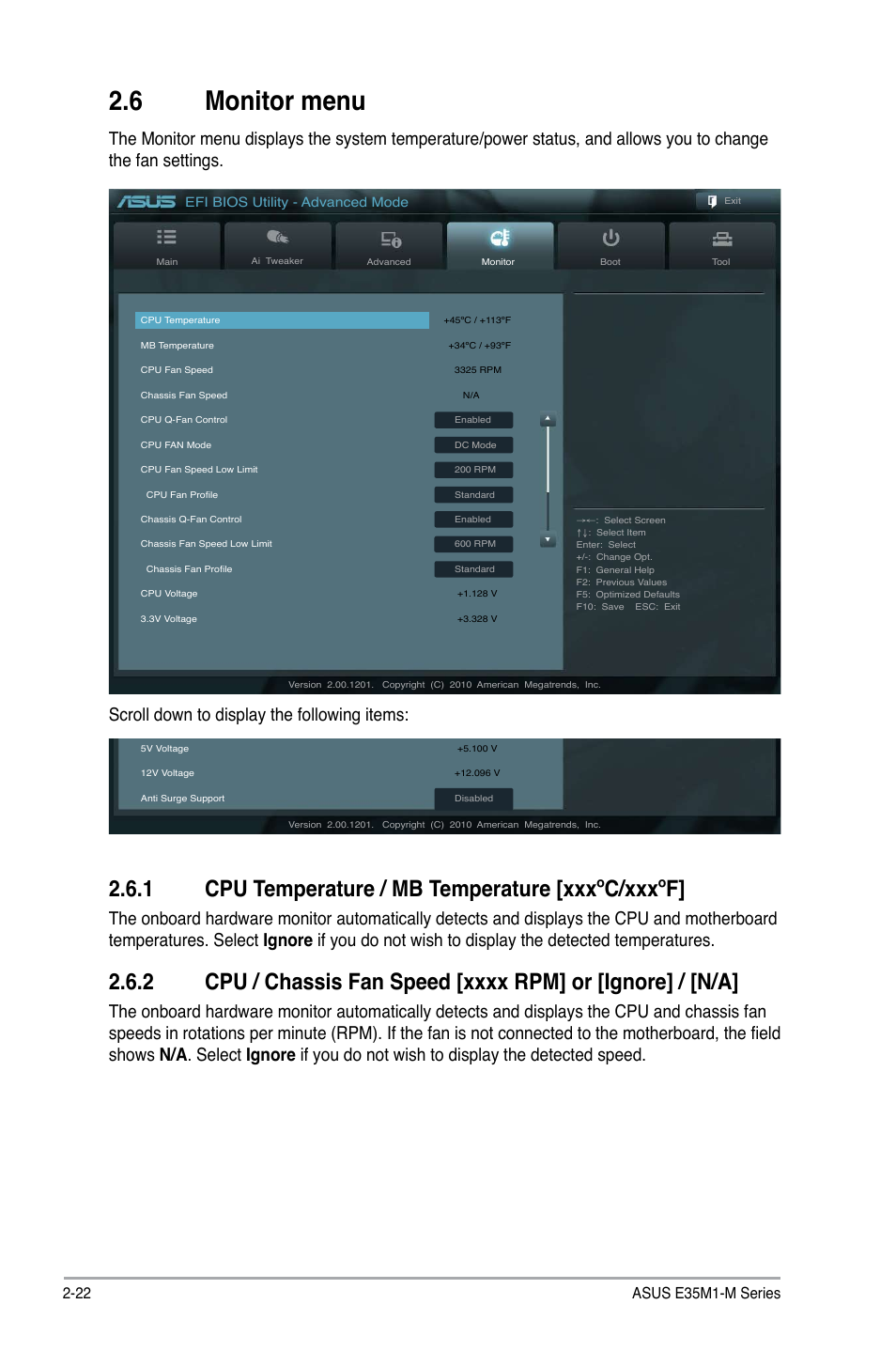 6 monitor menu, 1 cpu temperature / mb temperature [xxxºc/xxxºf, Monitor menu -22 2.6.1 | Cpu temperature / mb temperature -22, Cpu / chassis fan speed -22 | Asus E35M1-M PRO User Manual | Page 56 / 64