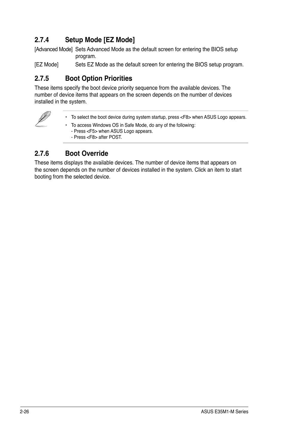 4 setup mode [ez mode, 5 boot option priorities, 6 boot override | Setup mode -26, Boot option priorities -26, Boot override -26 | Asus E35M1-M PRO User Manual | Page 60 / 64