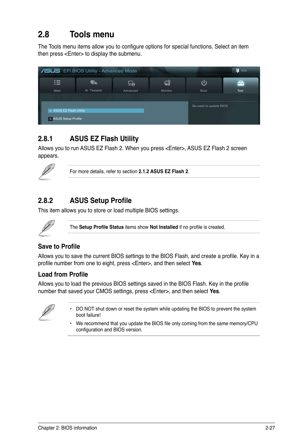 8 tools menu, 1 asus ez flash utility, 2 asus setup profile | Tools menu -27 2.8.1, Asus ez flash utility -27, Asus setup profile -27, Save to profile, Load from profile | Asus E35M1-M PRO User Manual | Page 61 / 64