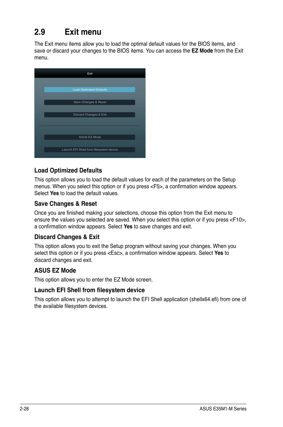9 exit menu, Exit menu -28 | Asus E35M1-M PRO User Manual | Page 62 / 64
