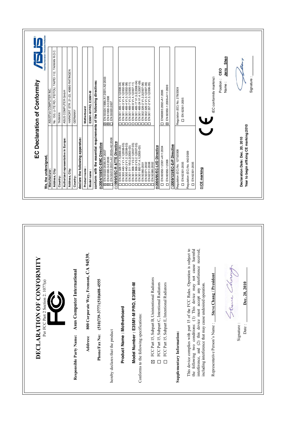 Declaration of conformity, Ec declaration of conformity, Asu s c om pu te r in te rn at io na l | Asus E35M1-M PRO User Manual | Page 64 / 64