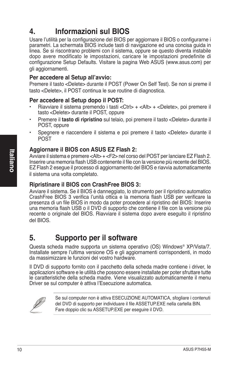 Informazioni sul bios, Supporto per il software, Italiano | Asus P7H55-M/BR User Manual | Page 10 / 42